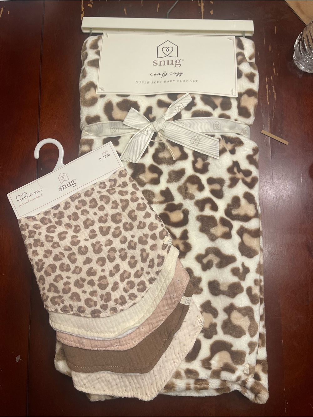 BUNDLE: Leopard Print Baby Blanket & Bib Set - Cream and Brown
